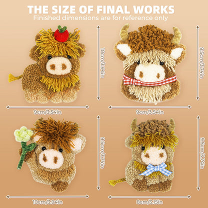 Punch Needle kit-4,Embroidery kit for Beginners,Punch Needle Kits Adults Beginner,Needles, Curved Scissors, a Tool Storage Box, Yarn, Easy-to-Follow Instructions, and Tutorial Videos(4 Highland Cow)