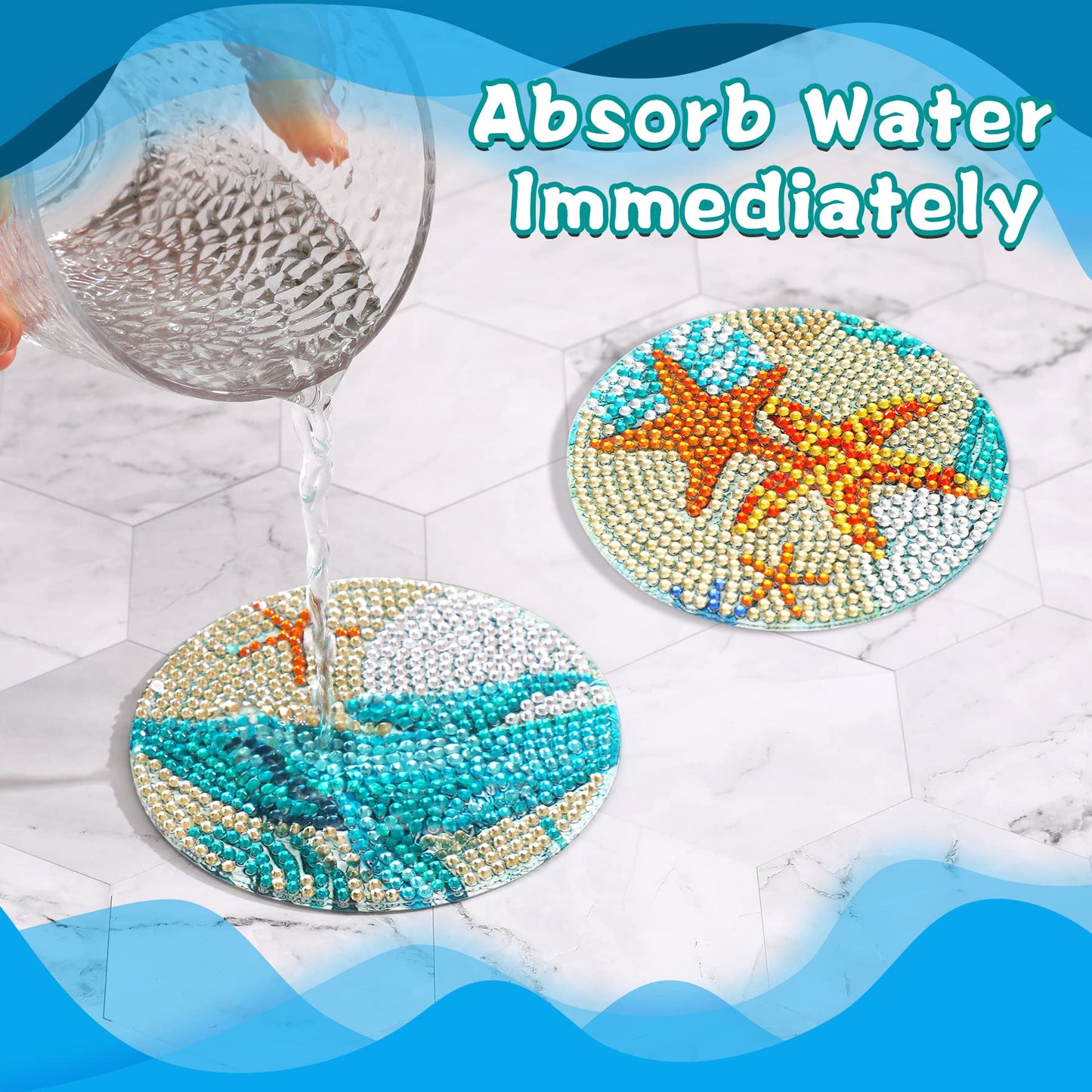 UPINS Ocean Diamond Art Painting Coaster Kit, 8Pcs DIY Crafts Kit with Holder, Non Slip Coaster Art Supplies for Adults, Ideal Christmas Gift
