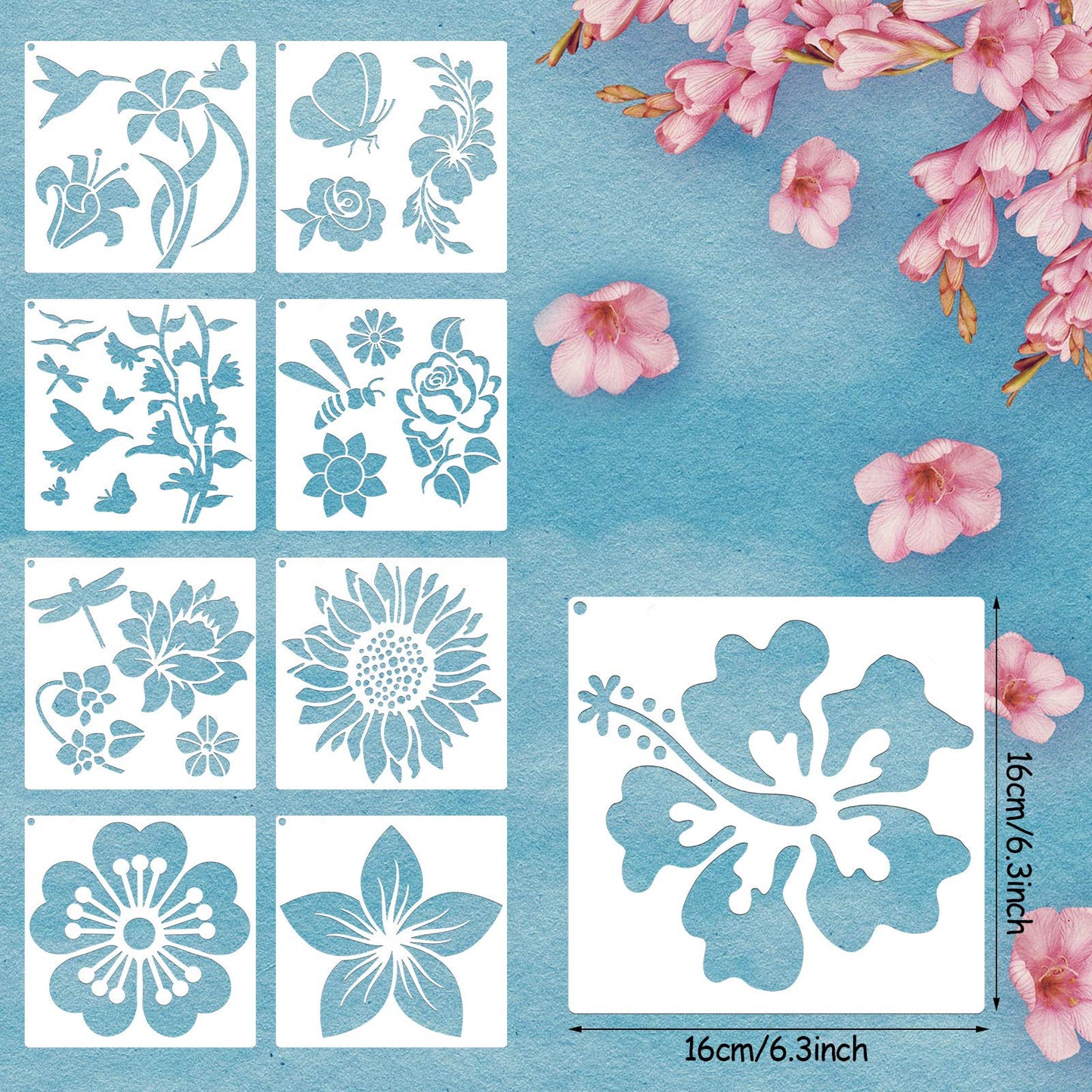 Zonon 16 Pieces Stencils for Painting, Reusable Large Butterfly Hummingbird Sunflower Stencil with Metal Open Ring, DIY Craft Templates for Spring Summer Wood Wall Canvas Home Decor(6.3 x 6.3 Inch)