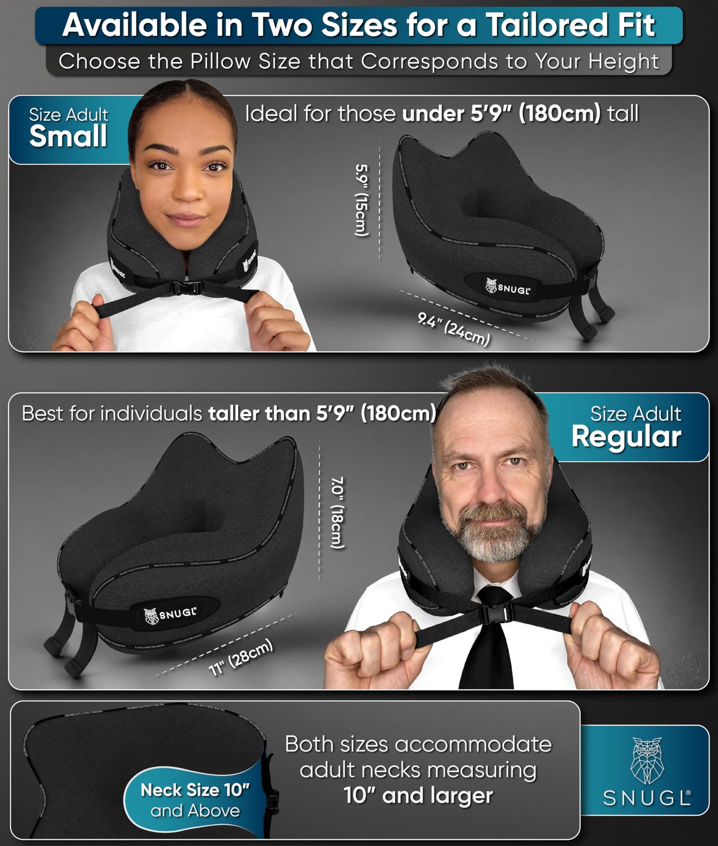 SNUGL Travel Pillow – Memory Foam Pillows - Neck Pillow for Airplane with Carry Bag & Clip – Neck Support Pillows for Pain Relief - Airplane Travel Essentials (Adult Regular - Black)