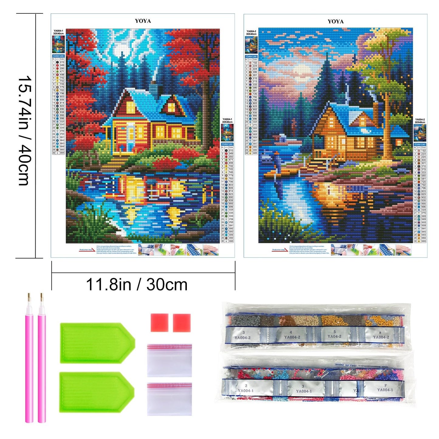 YOYA 2 Pack Log Cabin Diamond Painting Kits for Adults, Lake Cabin 5D Diamond Art Kits for Adults, DIY Scenery House Full Drill Gem Art Painting Kit for Home Wall Decor 12 x 16 Inch