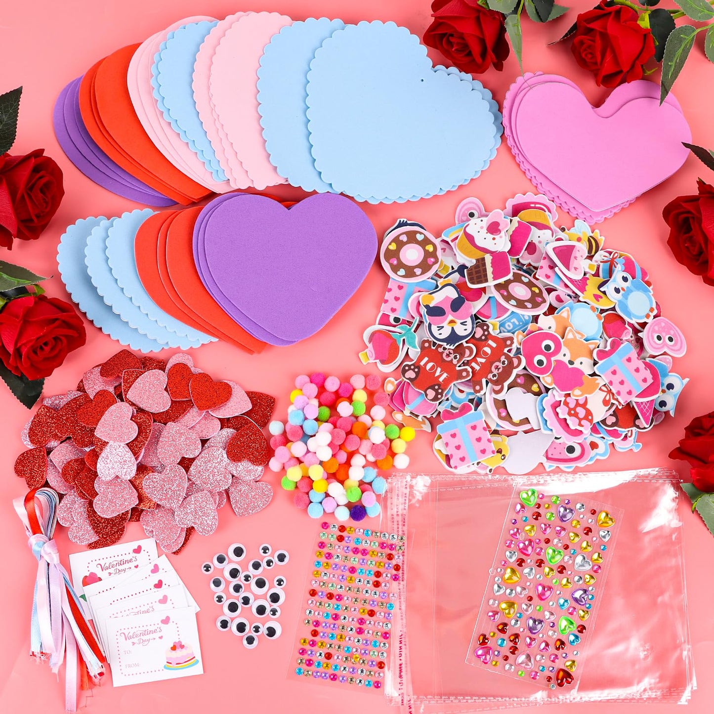 LOAVER 24 Sets Valentines Day Heart Ornaments Craft Kit,DIY Assorted Foam Heart with Shape Stickers Googly Eyes Rhinestones Bookmark for Valentines Day Presents Gift Exchange Craft Supplies