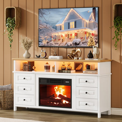 JoanKaren TV Stand with Electric Fireplace, 60" Entertainment Center for 65 Inch TV, LED Light Smart RGB, Modern Farmhouse Console, 6 Drawers Storage，Fit Into 23''Electric Fireplaces(White)