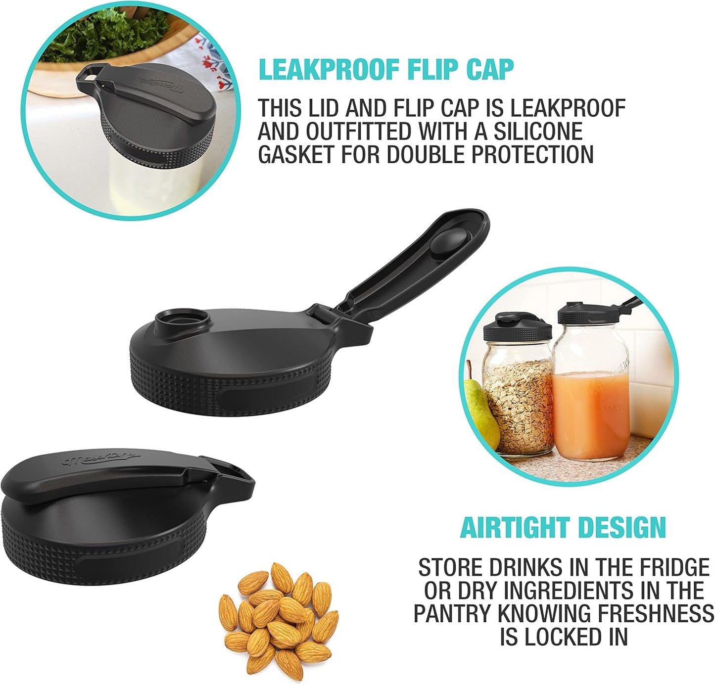 Masontops Multi Top - 2PK Wide Mouth Mason Jar Lids with Pour Spout and Flip Cap, Jar Not Included