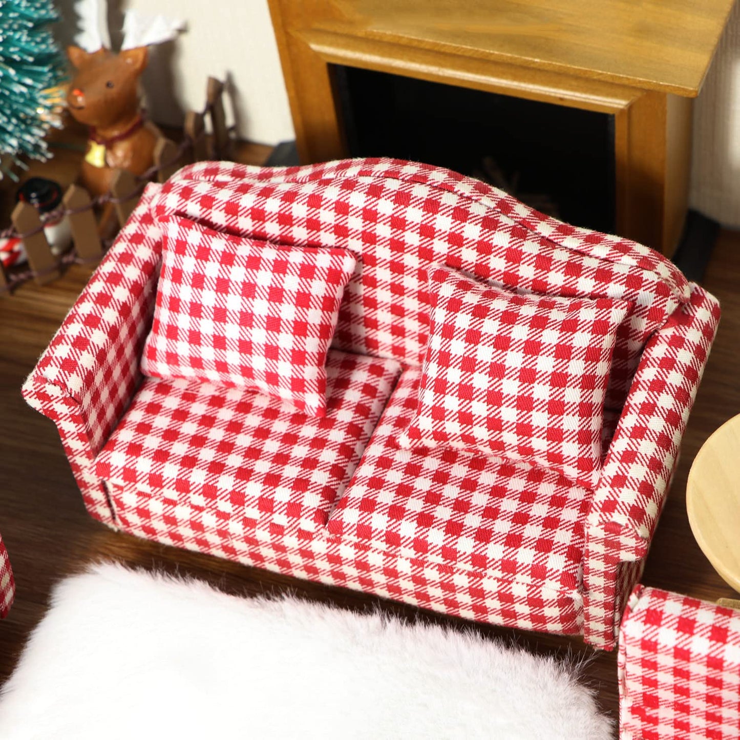 Dollhouse Couch Miniature Sofa with Pillows Dollhouse Living Room Funiture 1:12 Scale Model 3 Pcs High Simulation Upholstered Wooden Fabric Armchair Mini Room Artificial House Scene Decoration (Plaid)