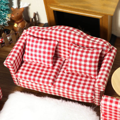 Dollhouse Couch Miniature Sofa with Pillows Dollhouse Living Room Funiture 1:12 Scale Model 3 Pcs High Simulation Upholstered Wooden Fabric Armchair Mini Room Artificial House Scene Decoration (Plaid)