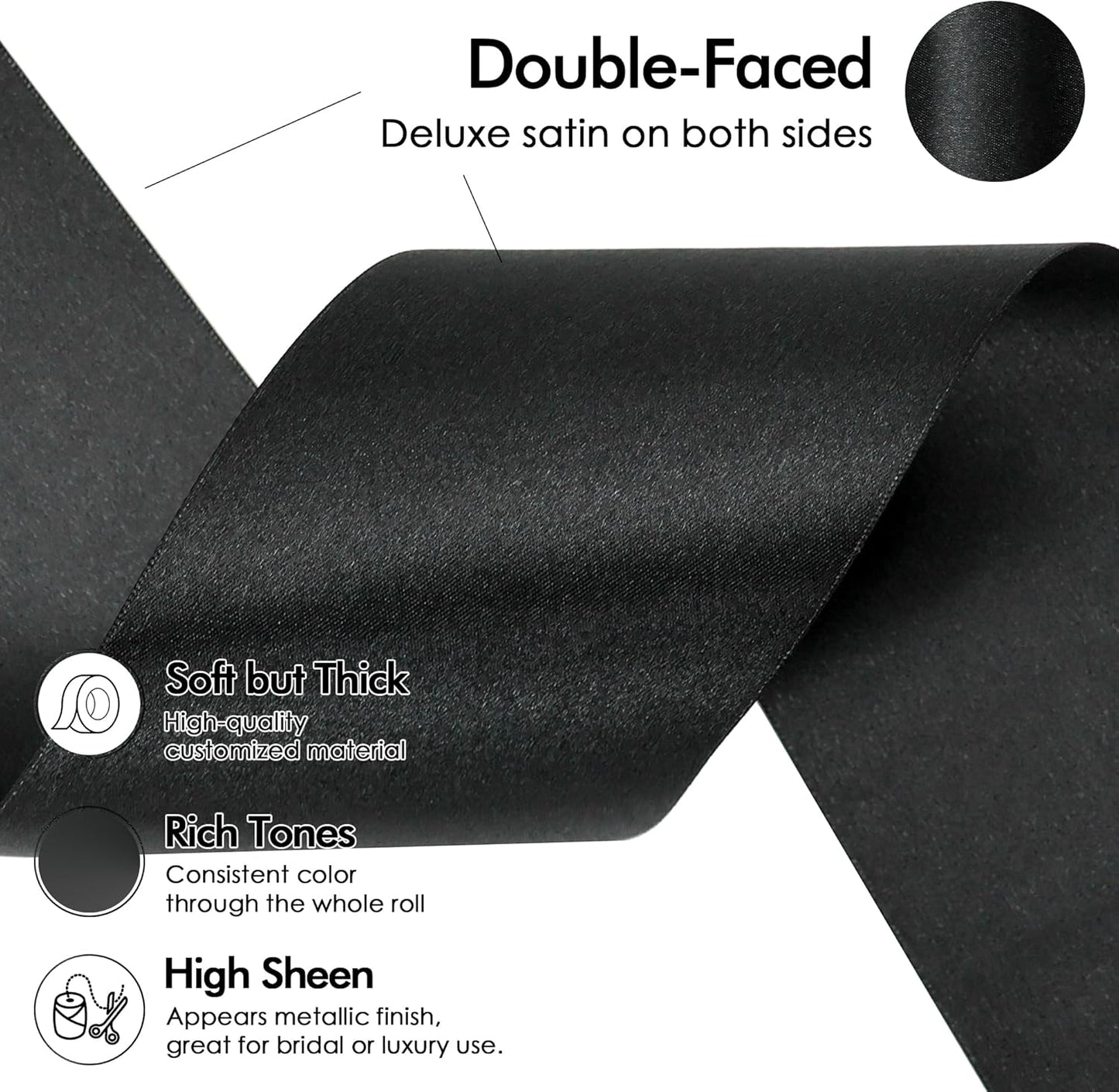 MEEDEE Black Satin Ribbon - Luxurious Double-Faced 3 Inch Wide | 10 Yards for Christmas & Halloween Decor
