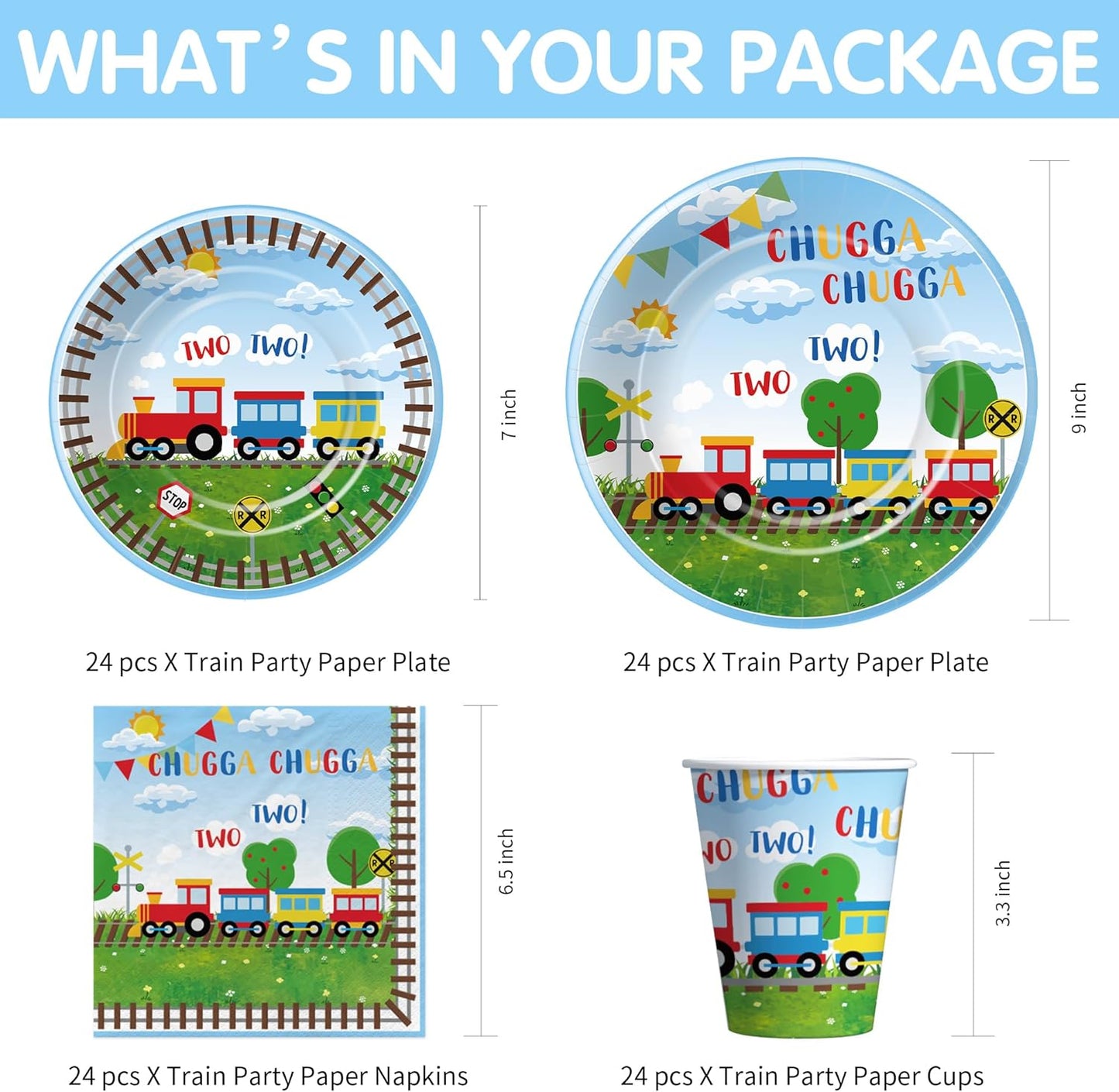 APOWBLS 2nd 24 Chugga Chugga Two Two Birthday Party Supplies, Paper Plate, Cup, Napkin, Disposable Cutlery, Tablecloth