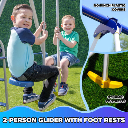 Sportspower Super 9 Metal Swing Set for Outdoor Backyard Play: Teeter Totter, Glide Ride, Roman Glider, Standing Swing, Trapeze, 5ft Slide, Anchor Kit, 7.5' D × 17.1' W × 6.1' H