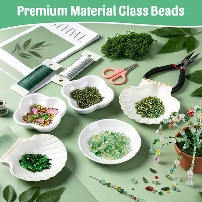5422PCS Forever Plant Bead Kit, Green Glass Beads for Beaded Plants & Succulent DIY Crafts, Sun Catcher Home Decor Kit with Leaf Flower Beads, Moss, Floral Wire,Bead Stop Clamp (no pot & foam block)