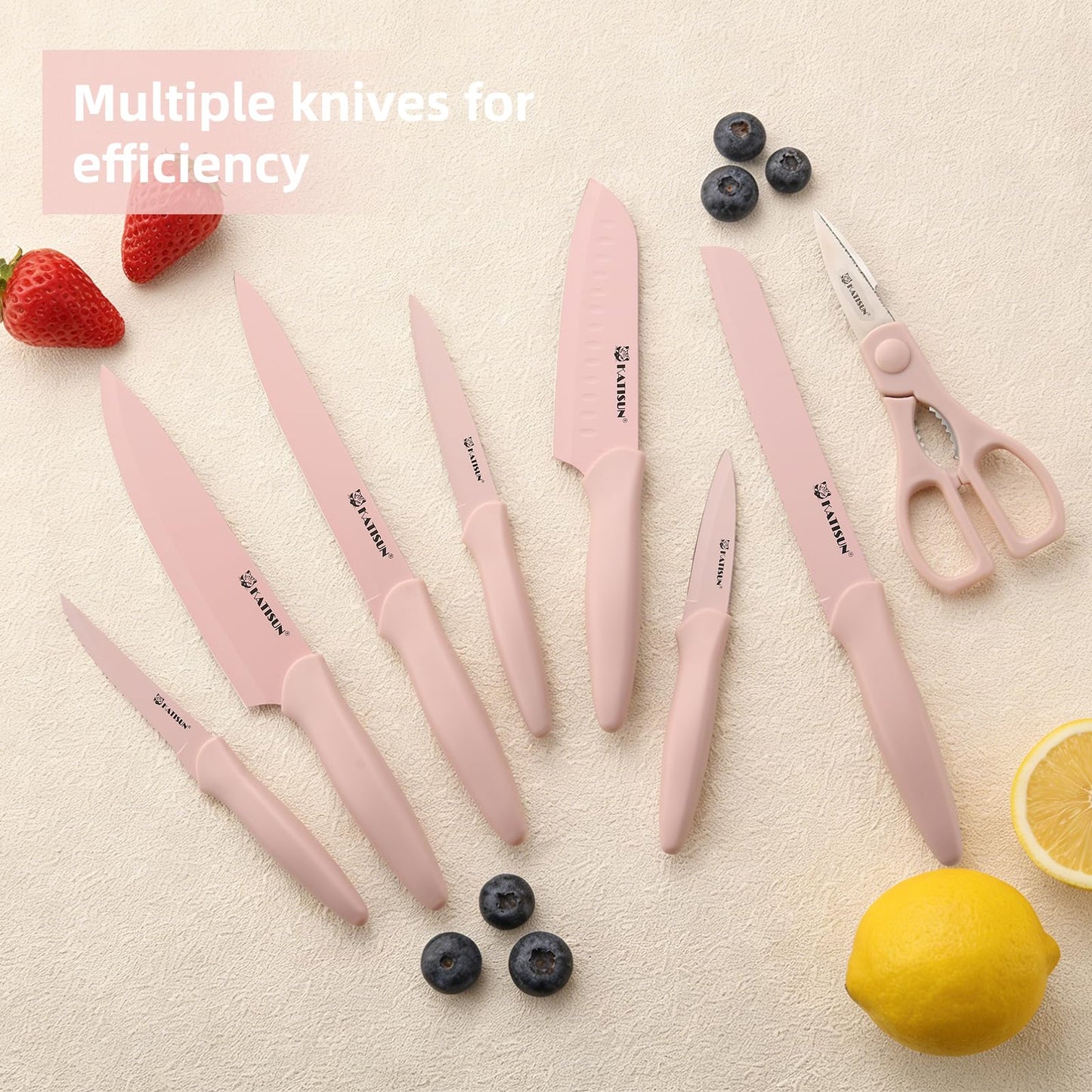 Knife Set, 15 Pieces Knives Sets for Kitchen with Block, Dishwasher Safe Kitchen Knife Set with Built in Sharpener Block, German High Carbon Stainless Steel Knife Block Set with Pink Nonstick Coating