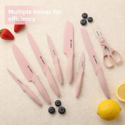 Knife Set, 15 Pieces Knives Sets for Kitchen with Block, Dishwasher Safe Kitchen Knife Set with Built in Sharpener Block, German High Carbon Stainless Steel Knife Block Set with Pink Nonstick Coating