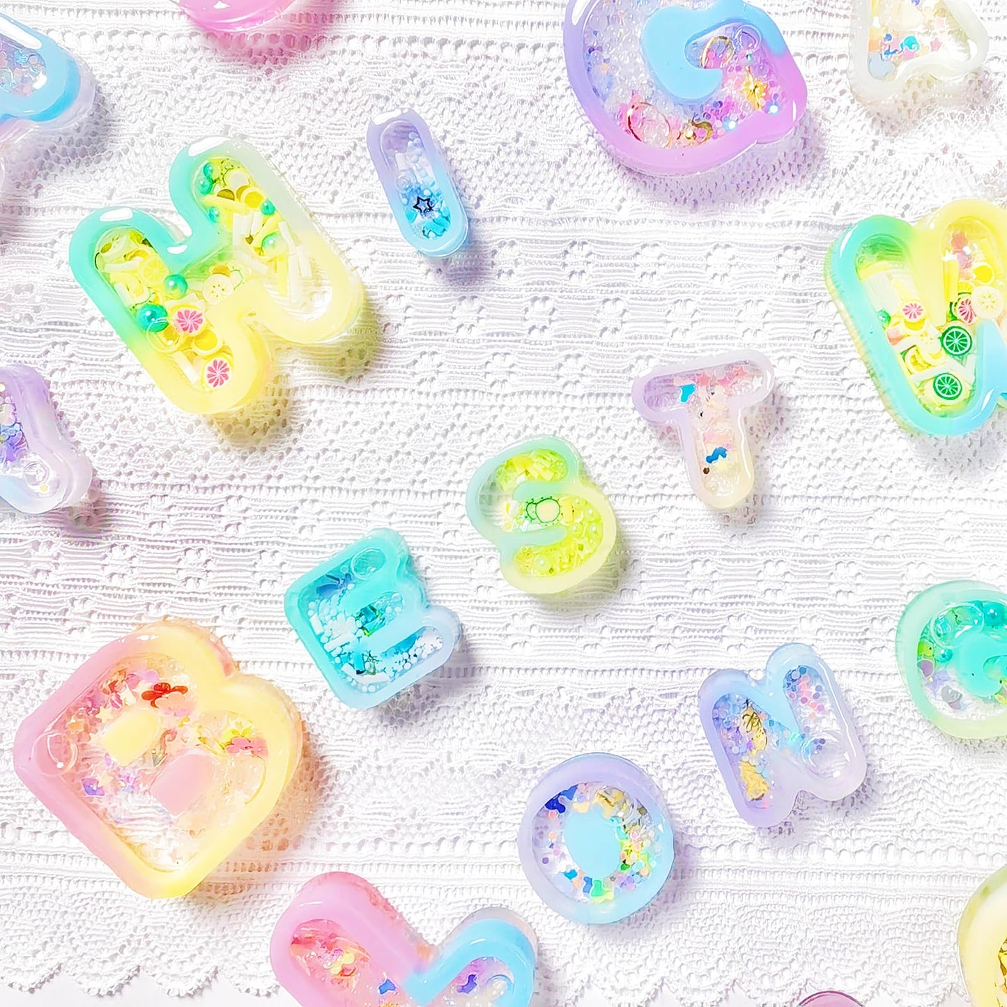 Alphabet Resin Shaker Molds Kawaii Keychain Charm Large and Small Set Pack of 107 Silicone Trays Seal Films Precision Tip Applicator Bottle Kit Bundle