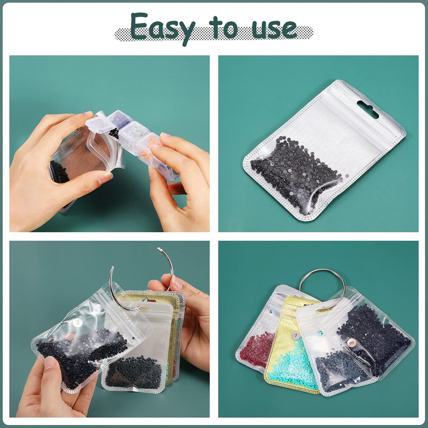 200 Pieces Diamond Painting Accessories Diamond Painting Tools Kit Storage Container Art Resealable Bags with 4 Round Binding Rings, 5 Sheets Number Stickers and 5 Sheets Sticker Label