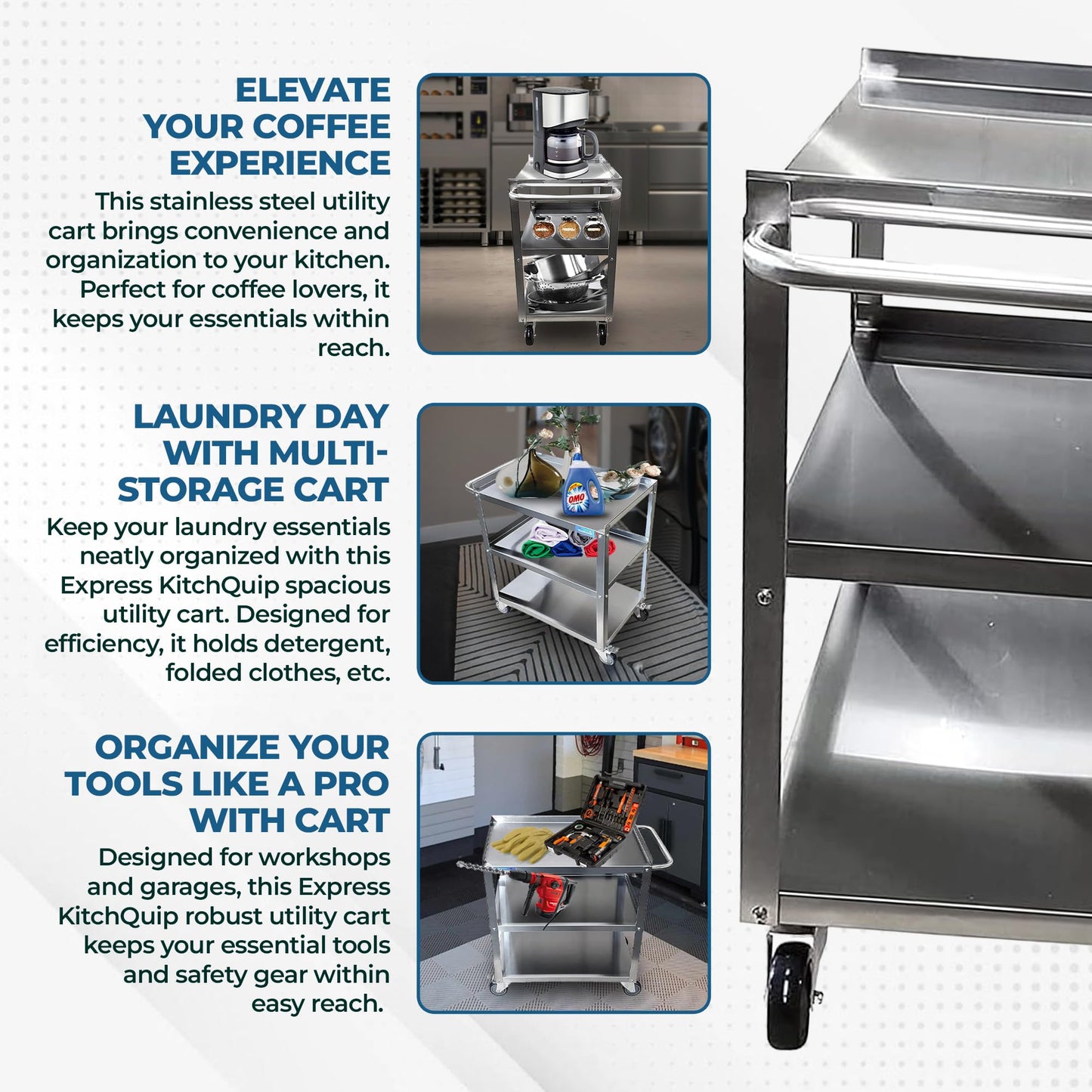 Commercial Stainless Steel 3 Shelf Utility Kitchen Metal Cart 24"X15"X33"