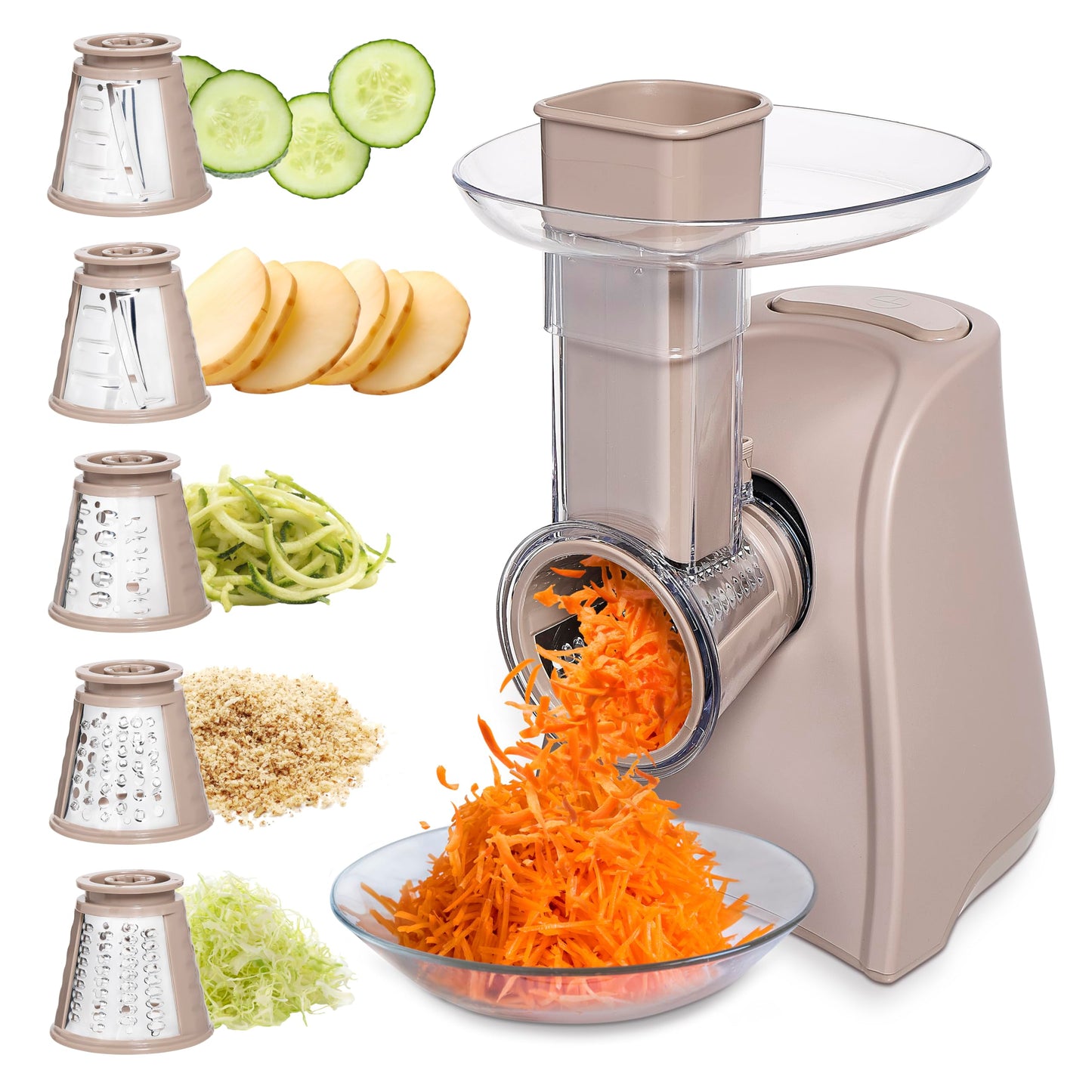 COOK WITH COLOR 5-in-1 Electric Slicer, 150W Food Prep Machine – Cheese Shredder, Fine & Coarse Graters, Potato Grater, Vegetable Slicer, Fruit, Salad Shooter, Compact Design For Bowl Prep, Blush