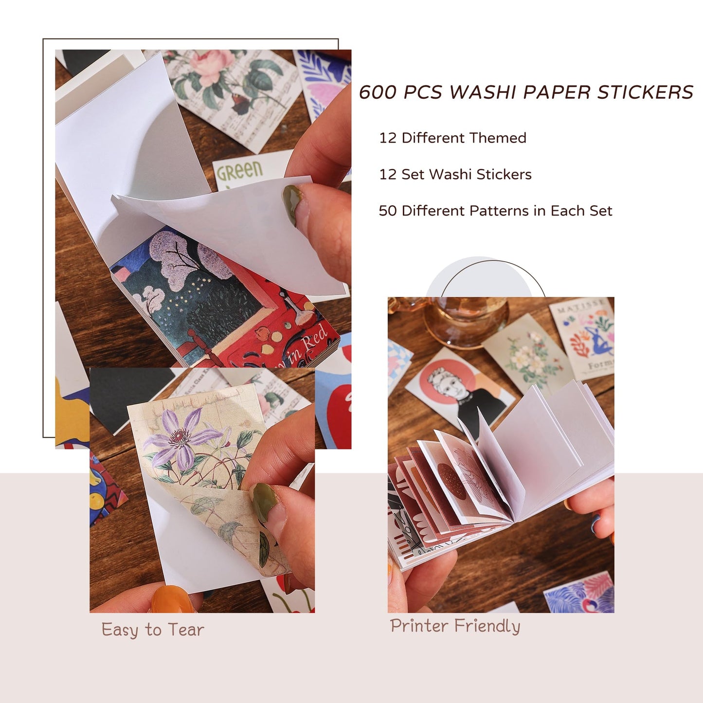 12 Sets 600 Sheets Washi Stickers for Journaling, Boho, Abstract, Vintage Scrapbook Sticker Set for Bullet Journal Art Diary Card Craft Gifts Planner Notebook