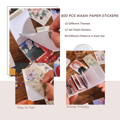 12 Sets 600 Sheets Washi Stickers for Journaling, Boho, Abstract, Vintage Scrapbook Sticker Set for Bullet Journal Art Diary Card Craft Gifts Planner Notebook