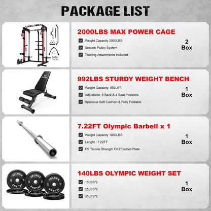 JELENS C21 Power Cage, 2000LBS Multi-Function Power Rack with Independent Dual Pulley System, All-in-One Squat Rack for Cable Crossover, Home Gym Workout Machine (Red,140LBS Black)
