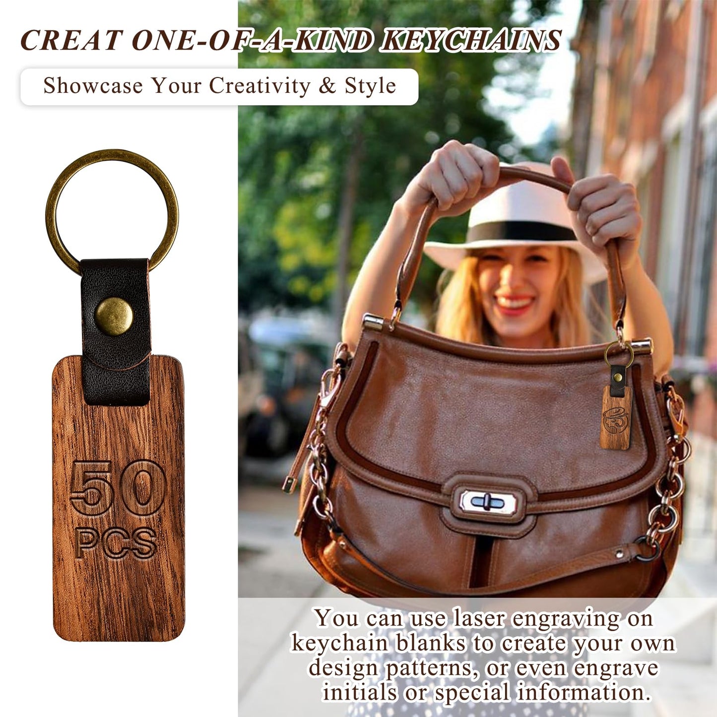 Aemygo 50 Pcs Leather Wood Keychain Blank, Wooden Keychain Blanks with Leather Strap, Unfinished Wooden Keychains bulk for DIY Craft, Laser Engraving