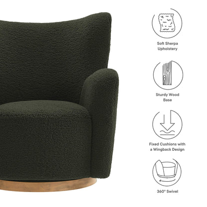 Modway Montrose Swivel Wingback Accent Chair in Fern Walnut Sherpa Teddy Fabric – Modern Furry Barrel Chair with 360-Degree Swivel Base – Soft and Comfy Living Room Chair