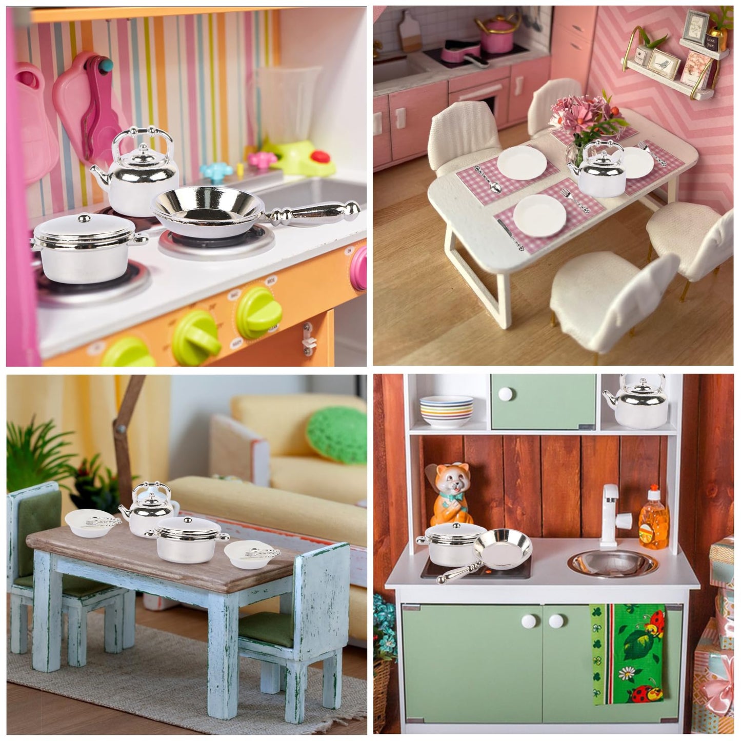 26 Pieces Dollhouse Miniatures Kitchen Set Metal Miniature Baking Set Include Mini Pots Mini Pans Plates Knife Fork Spoon for Dollhouse Party Decoration Supplies