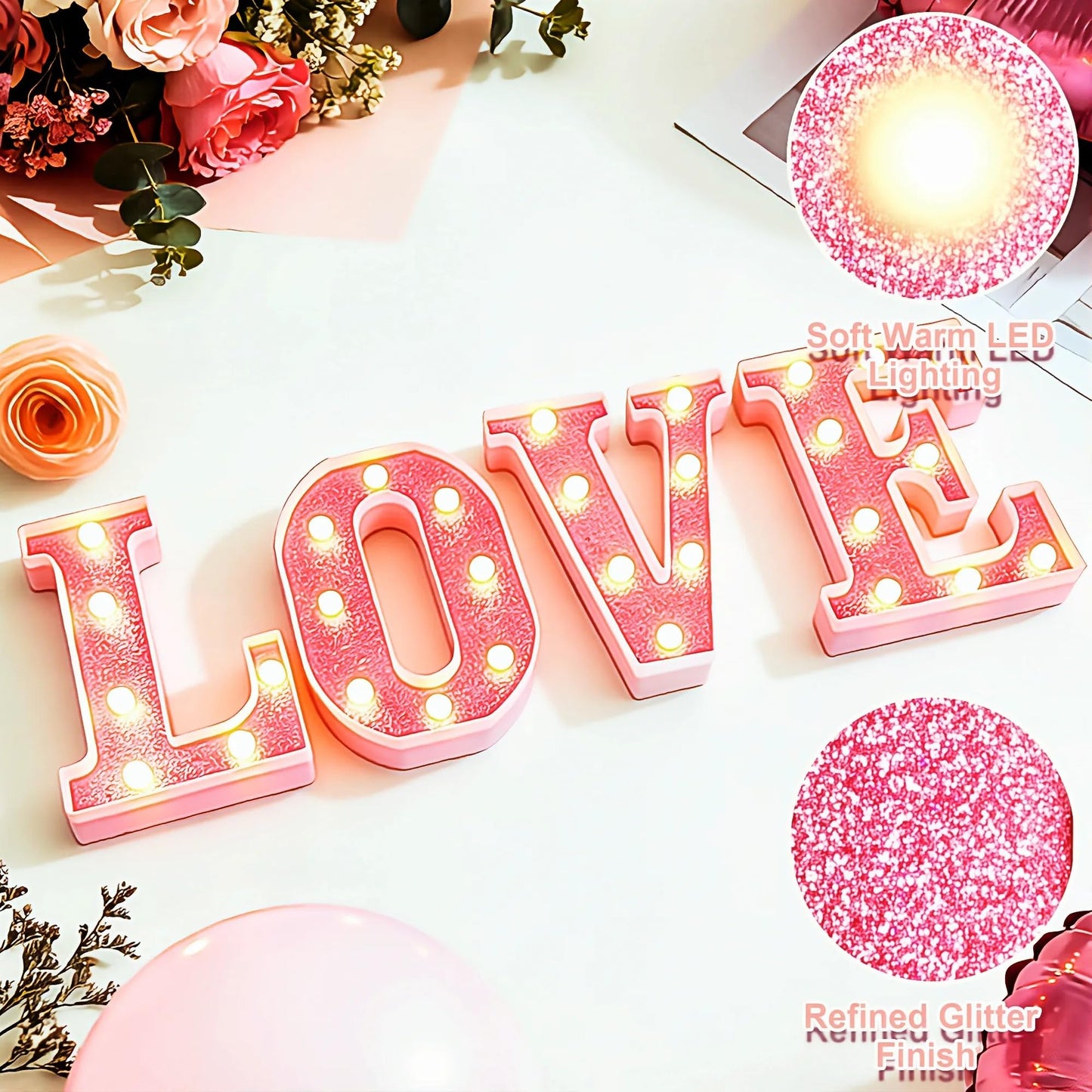 Valentine’s Day Decorations – Galentines LED LOVE Marquee Light Letters, Pink Glitter Battery Operated Tabletop Sign for Home, Party, Shelf and Mantel Décor