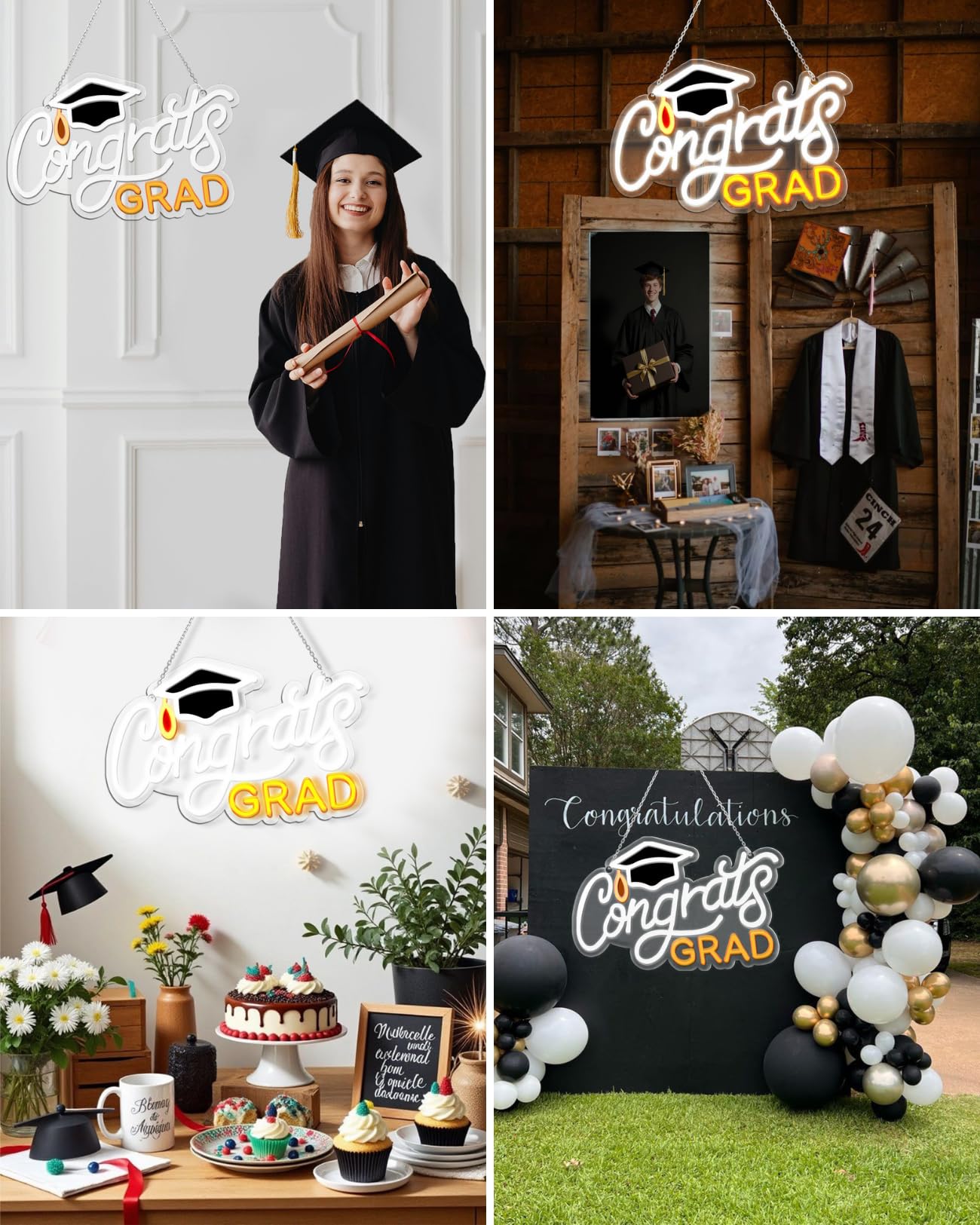 Congrats Grad Neon Sign with Mortarboard - 14.5" x 8.6", Adjustable LED Light Up Sign for Prom Party, Photo background wall, Class of Celebrations, Graduation Gift for Dorm Backdrop Room Decor