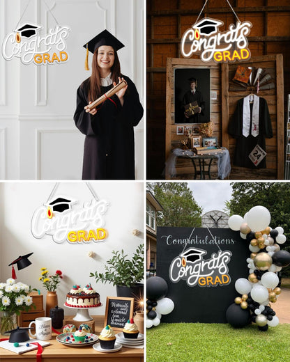 Congrats Grad Neon Sign with Mortarboard - 14.5" x 8.6", Adjustable LED Light Up Sign for Prom Party, Photo background wall, Class of Celebrations, Graduation Gift for Dorm Backdrop Room Decor