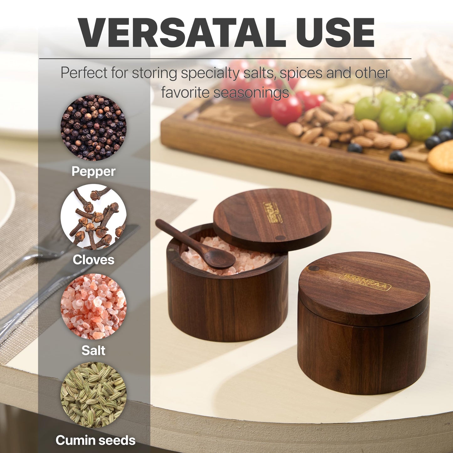 BRENZAA Walnut Wood Salt Cellar With Built in Spoon & Magnetic Swivel Lid, Spice Organizer for Salt, Herbs & Seasonings Storage Box – Kitchen Counter Storage & Gift