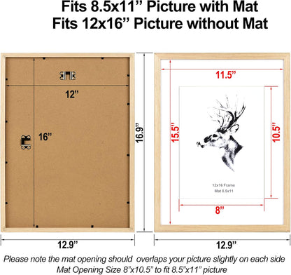 12x16 8.5x11 Set 4, 12x16 (4 pack, Yaetm Picture Frame with Mat for of Natural Solid Oak Wood Frame for Gallery Wall