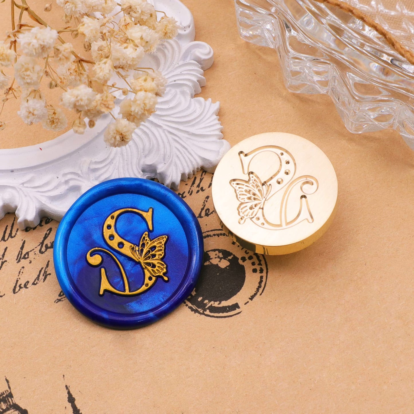 SWANGSA Initial Alphabet S Wax Seal Stamp Kit, Vintage Butterfly Letter Sealing Stamp with 200pcs Sealing Wax Beads Kit