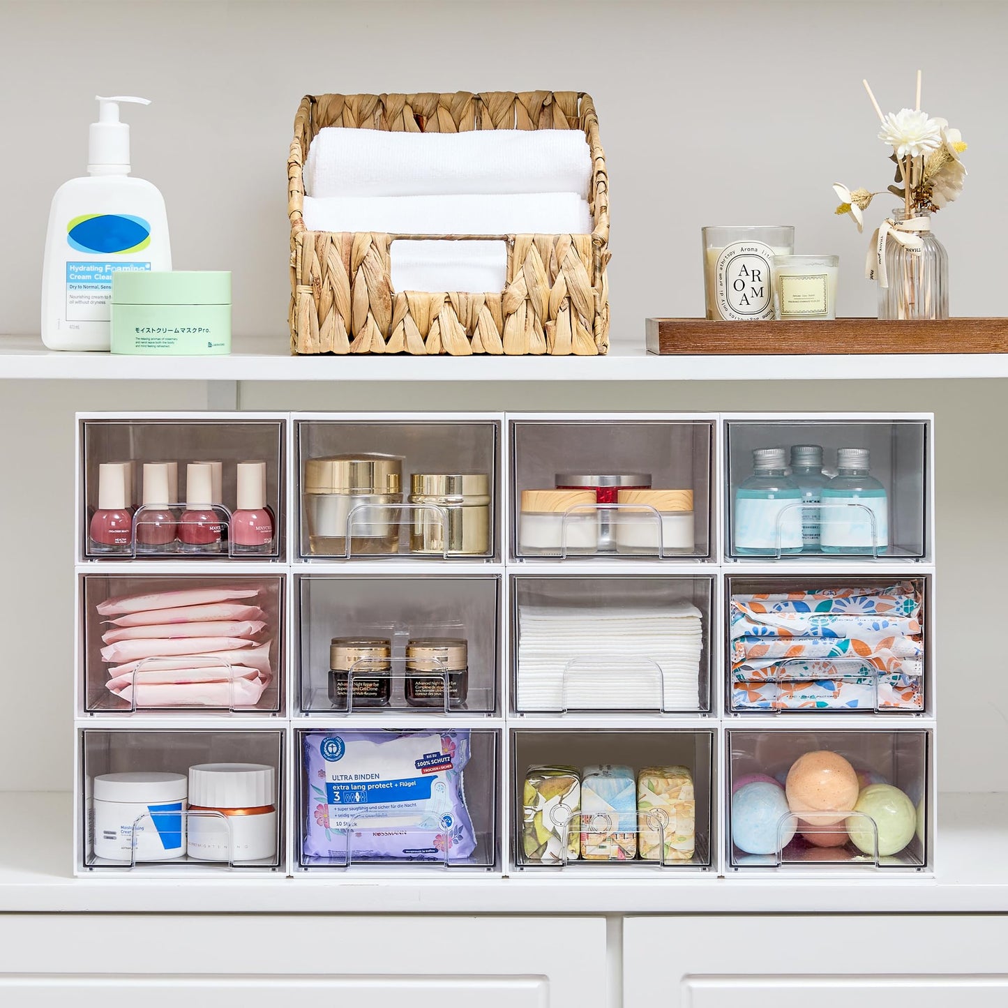 Vtopmart 4 Pack Small Clear Stackable Storage Drawers,Acrylic Bathroom Makeup Organizer,Plastic Storage Bins For Vanity, Undersink, Kitchen Cabinets, Pantry, Home Organization