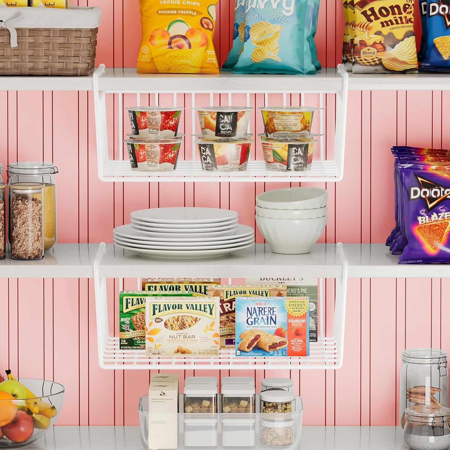 SUFAUY Under Shelf Basket Organizer, Slides Under Cabinet Shelf Storage Bin Holds up to 22lbs, 6 PCS (White)