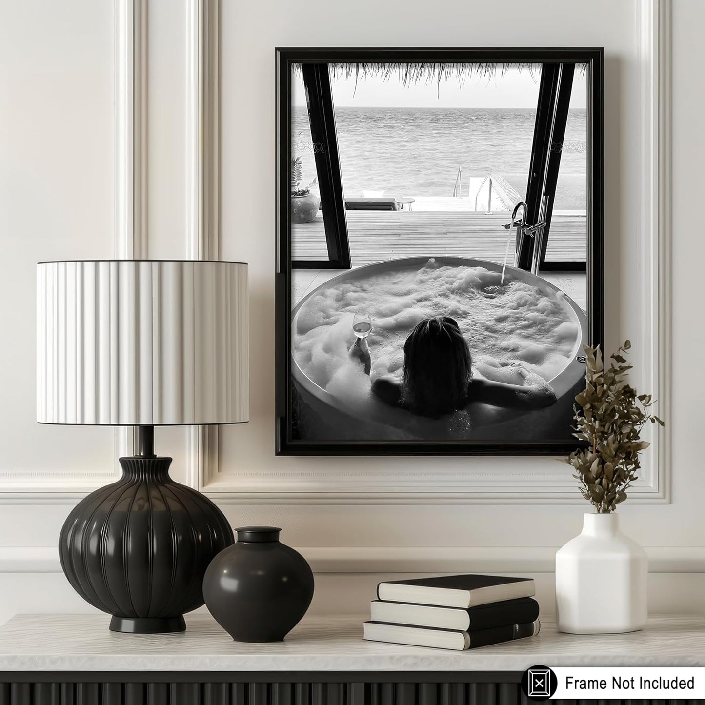 11x14 Poster Master Bath with Wine Poster - Beach View Print - Alcohol Art - Bar Cart Design - Girly Print - Black
