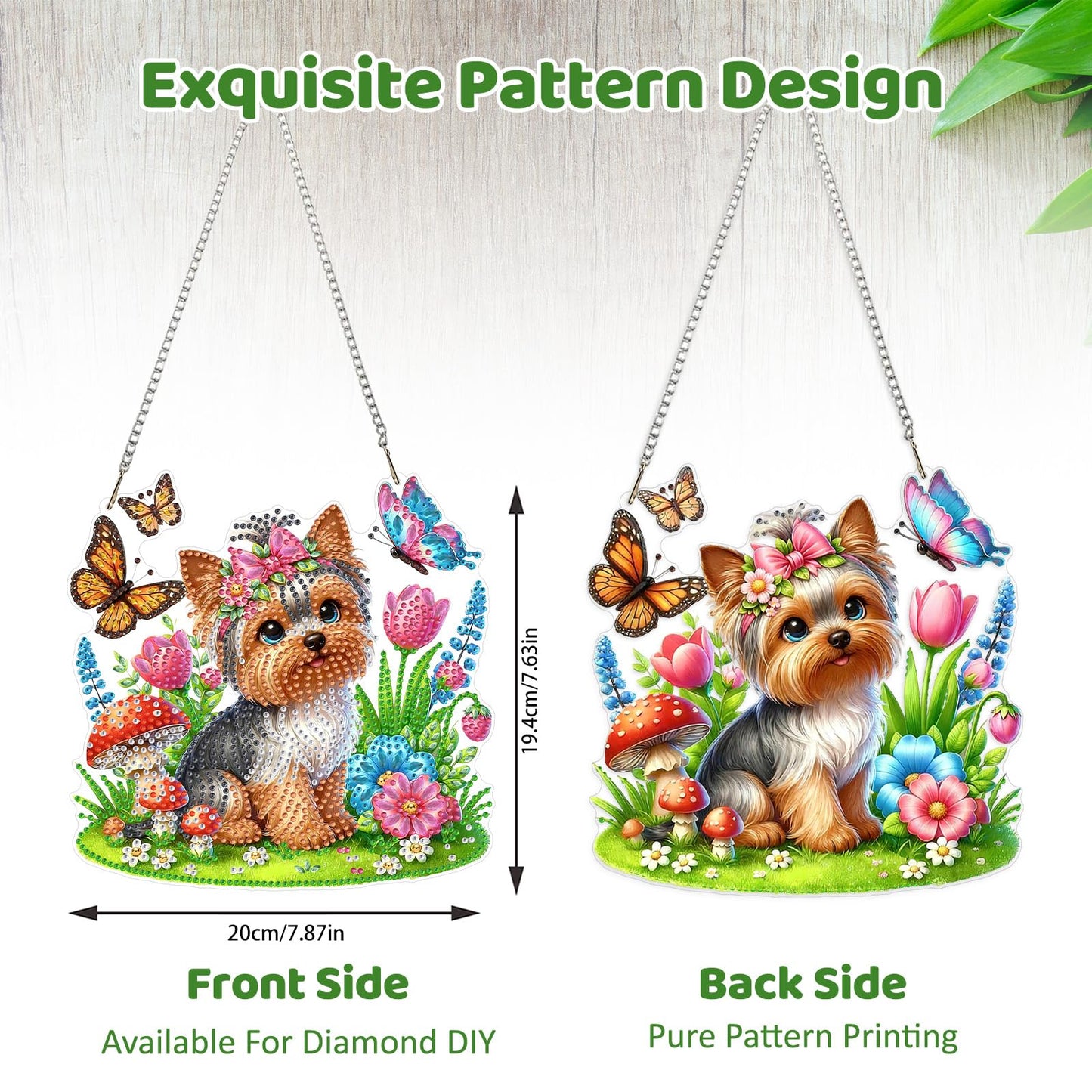 MEIYUDA Flowers Dog Diamond Art Hanging Kits for Adult, Yorkshire Puppy Diamond Painting Hanging Kits Ornaments, DIY Special Shaped Rhinestone Window Pendants Kit for Home Garden Wall Decor Gift