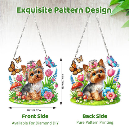 MEIYUDA Flowers Dog Diamond Art Hanging Kits for Adult, Yorkshire Puppy Diamond Painting Hanging Kits Ornaments, DIY Special Shaped Rhinestone Window Pendants Kit for Home Garden Wall Decor Gift