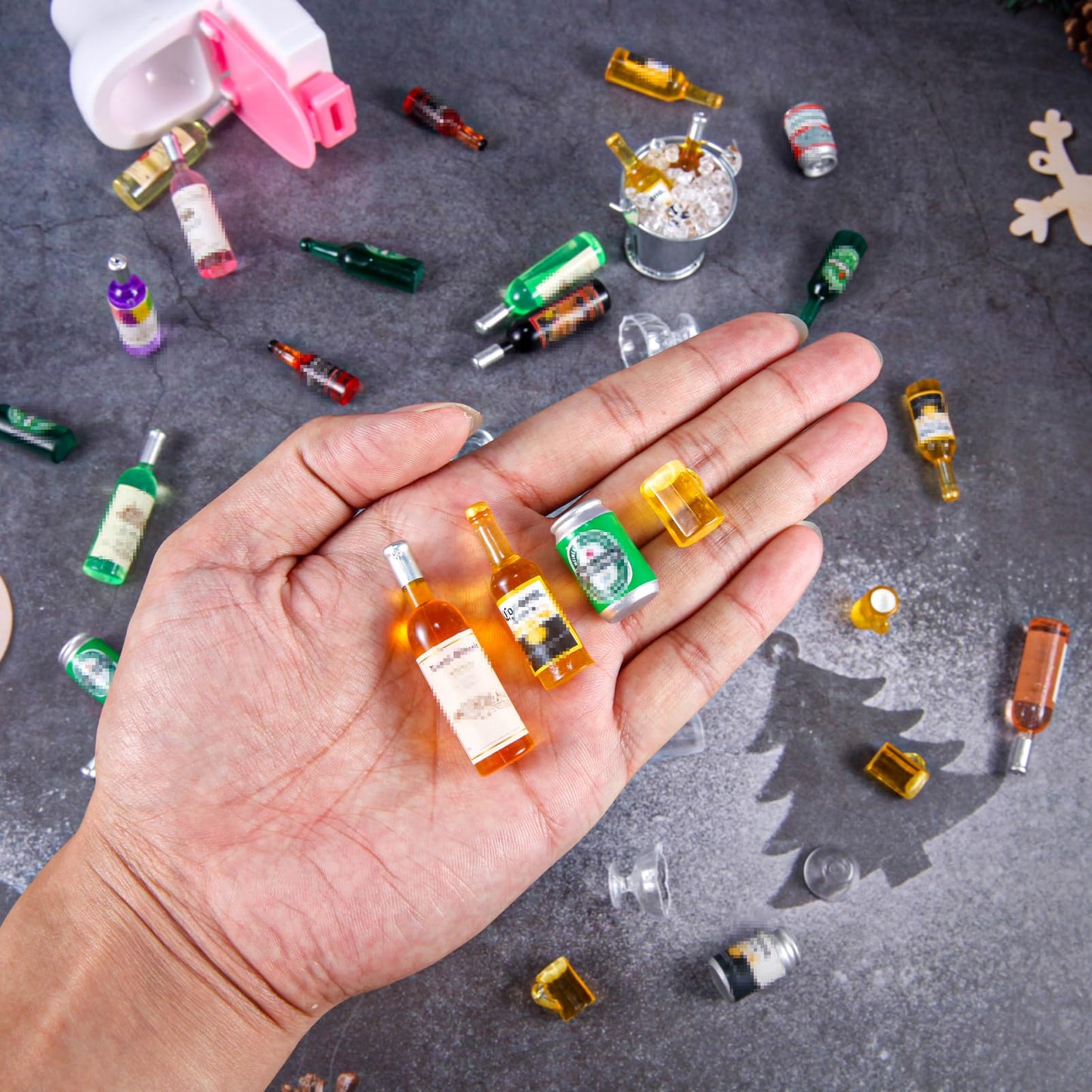 HSJH 71 Pcs Miniature Ice Cubes Beer Bottles and Mini Drink Soda Pop Cans House Accessories for Fairy Garden Pub Bar Cake Decoration 1/12 Doll House Barrel Pretend Play DIY Party Toys Red Wine