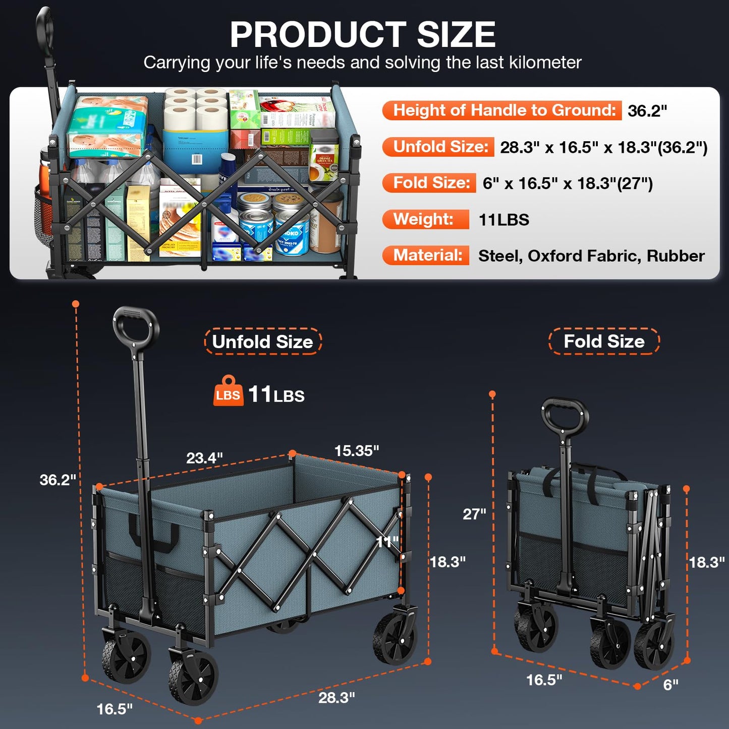Nadonli Foldable Wagon with Wheels, Portable Heavy Duty Collapsible Beach Cart - Large Capacity Utility Wagon for Shopping, Sports, Camping，Garden，Grocery - Blue