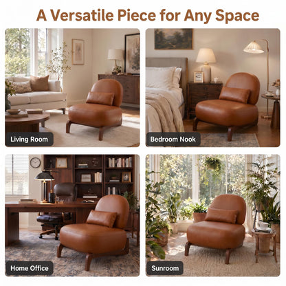 Trygoal Mid Century Modern Leather Armless Accent Chair, MCM Curved Back Lounge Chairs with Tilted Solid Wood Legs & Thick Lumbar Pillow, Single Cloud Sofa for Living Room Reading Nook (Brown)