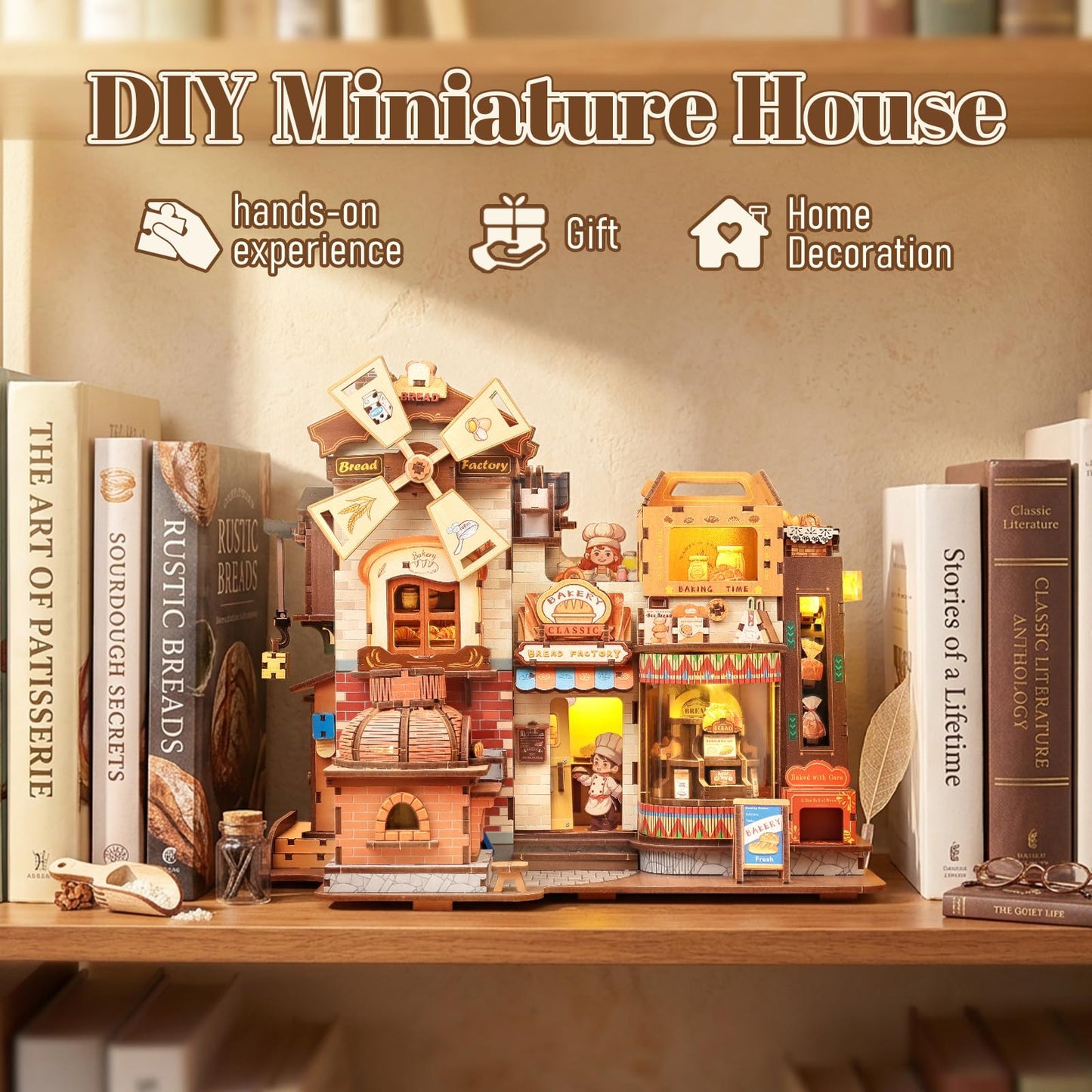 Fsolis 3D Wooden Puzzles for Adults - Mechanical Bread Factory Building with Music & Smoke Effect & Light Up Miniature Craft Kit with 7 Ambient Lighting, 572pcs, Gifts for Women Teens