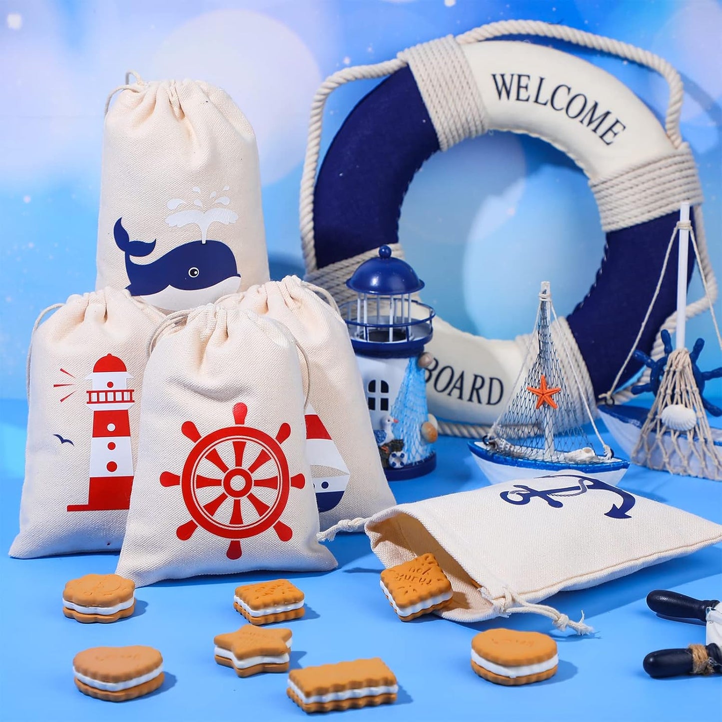 24 Pack 7 5 inch Shellwei Nautical Gift Bags Cotton Nautical Anchors Drawstring Bags Themed Favor Boat Goodie x