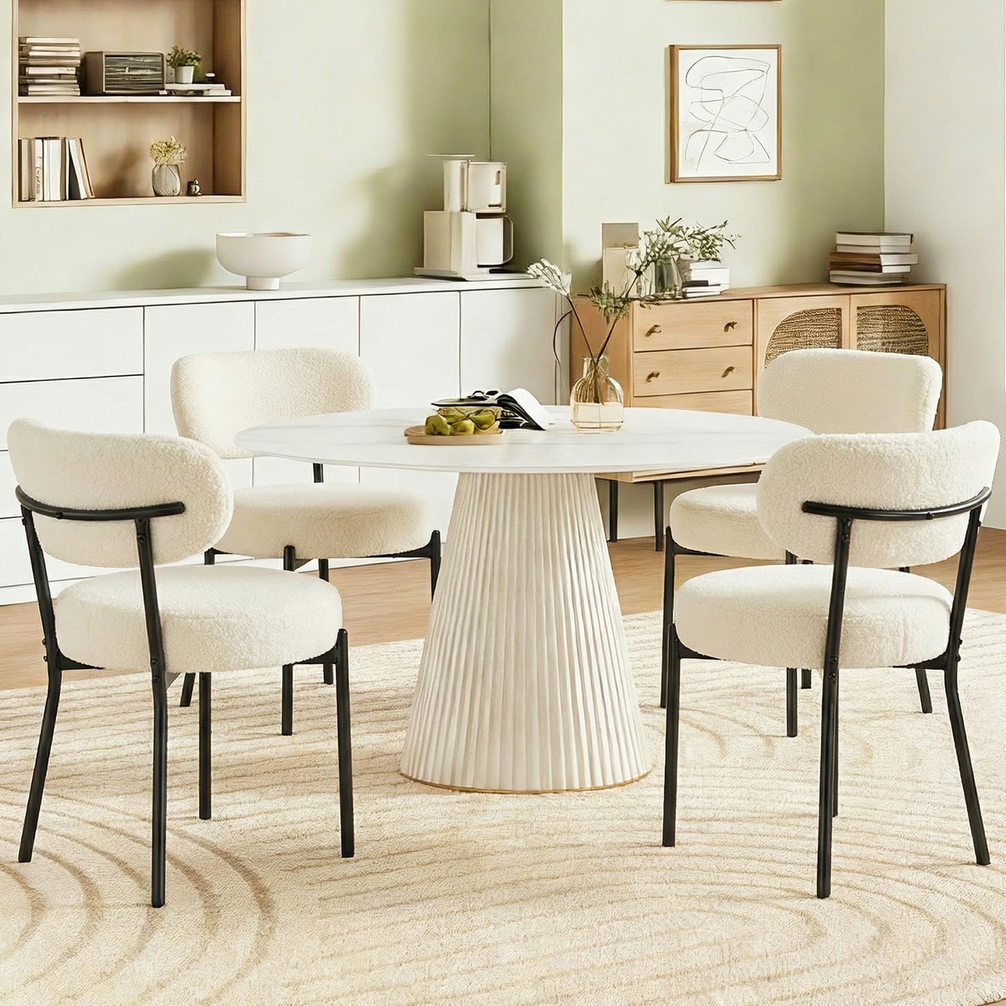 DUMOS Dining Chairs Set of 6, Mid Century Modern Chair Round Upholstered Curved Backrest, Kitchen Vanity Living Room Chairs with Black Metal Legs，Classic Beige