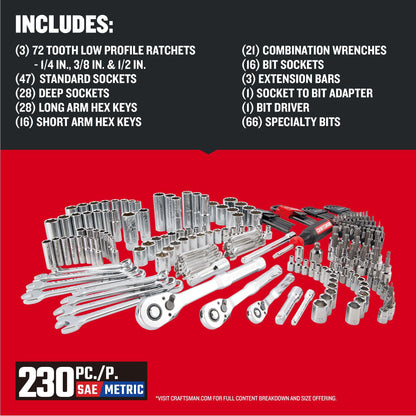 CRAFTSMAN 230 Pcs Mechanics Tool Set, Socket Wrench Set, Car Tool Kit with VERSASTACK Toolbox, SAE and Metric,1/4 in, 3/8 in, and 1/2 Drive, Short and Long Arm Hex Keys (CMMT45306)