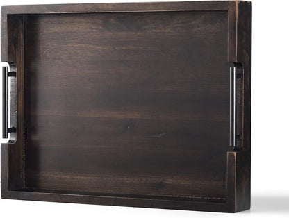 RAKYTO 16.5x12.5in Packaging Ottoman Tray, Acacia Wood Serving Tray with Metal Handles, Food Drinks Tray for Coffee