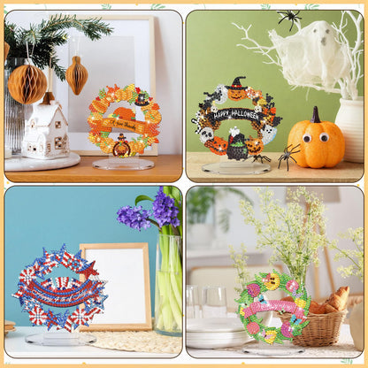 YooNotee 12 Sets Interchangeable Seasonal Diamond Art Tabletop Decorations Holiday Diamond Art Painting Kit with 12 Acrylic Base for Table Tiered Tray Decor Craft Graduation Centerpiece (Wreath)