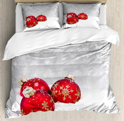 Ambesonne Christmas Duvet Cover Set, Xmas Baubles on Snow with Snowflakes Ice Holiday Humanitarian Artwork Illustration, Decorative 3 Piece Bedding Set with 2 Pillow Shams, Queen Size, White Red