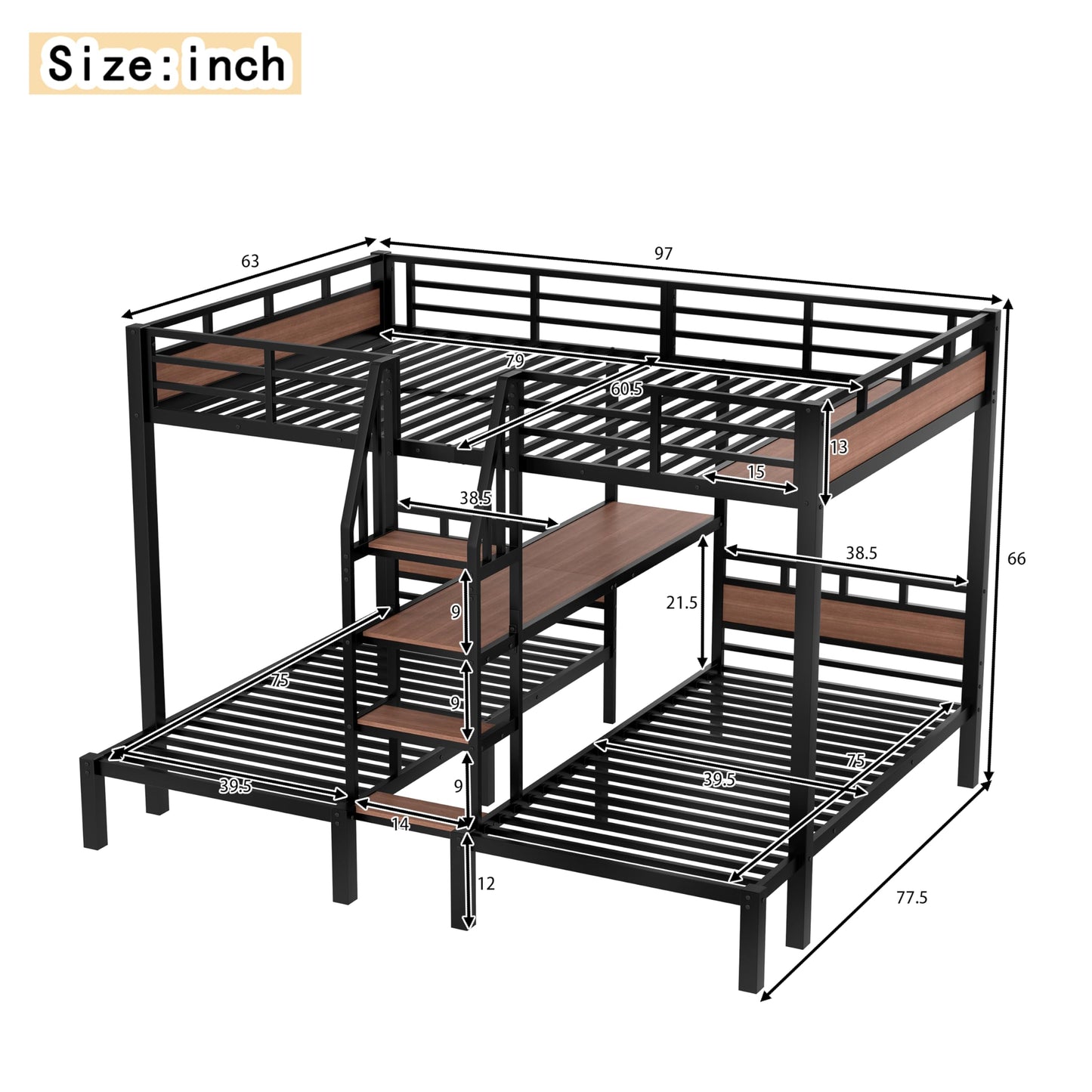 Bellemave Queen Over Twin Over Twin Bunk Beds for 3 Kids,Metal Heavy Duty Triple Bunk Bed Frame with Stairs and Storage Shelf,3 Bed Bunk Beds,Twin Size Triple Bed,Black