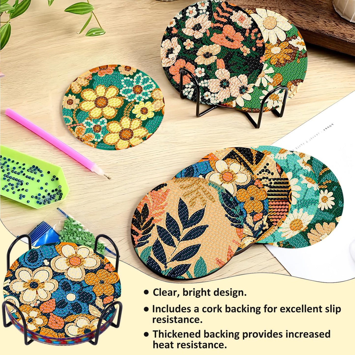 Reivworl 8 Pcs Flowers Diamond Art Coasters Kits, Flowers Diamond Art Kits for Adults, 5D Diamond Painting Coasters (4x4 Inch, with Holder Cork Pads)