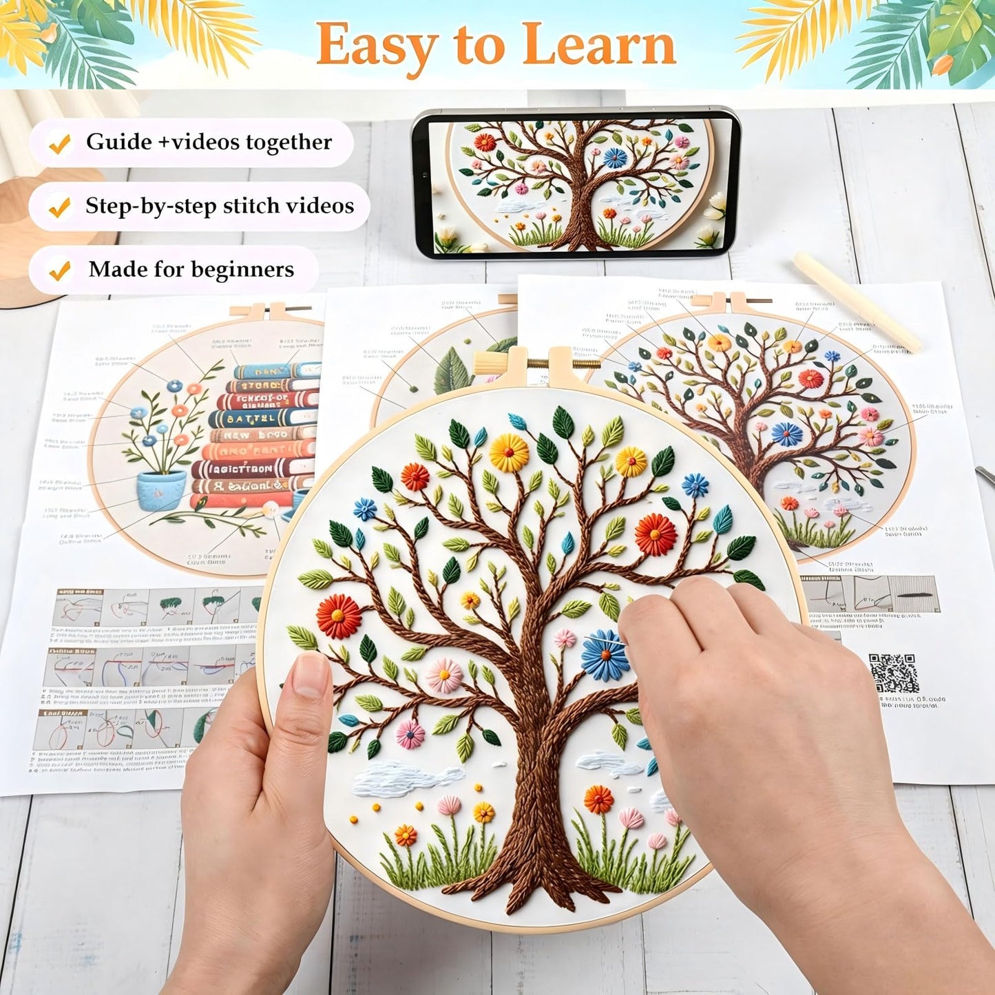 FEIYUENO Beginner Embroidery Kit for Adults, 3-Pack Easy Needlepoint Starter Kits with Pre-Stamped Book Embroidery Patterns, 7.8" Hoop, Floss & Needles, Step-by-Step Guide (Book Tree)